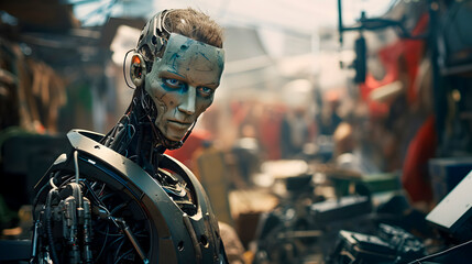 an android, a half-man, half-robot - obrazy, fototapety, plakaty