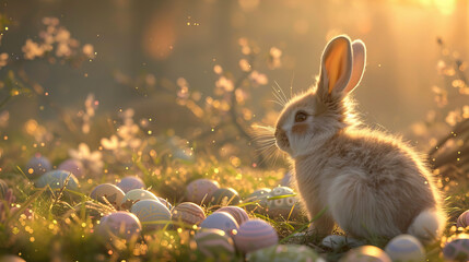 Fluffy Bunny and Pastel Eggs in Golden Hour Glow