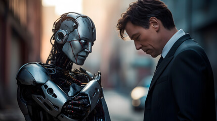 a human and a robot in love, human and robot in a romantic relationship, impossible love concept