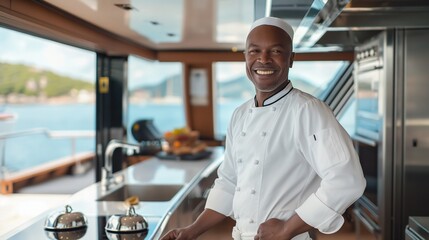 Chef on a yacht. Generative AI - obrazy, fototapety, plakaty