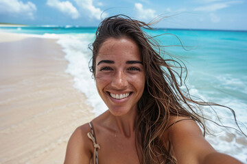 Portrait of a beautiful young woman on the beach. Young Caucasian female model on the seashore.