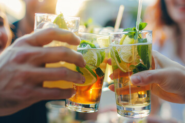 Cheerful Young Friends Toasting with Summer Cocktails - Focus on Clinking Glasses
