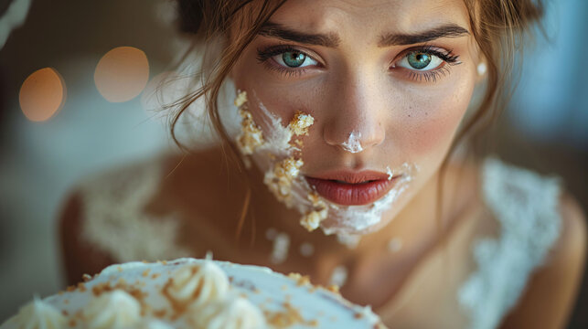 Sad bride with a wedding cake smashed in her face