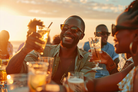Happy friends drinking mojito cocktails at a beach bar. Friends talking, laughing and having fun - Powered by Adobe