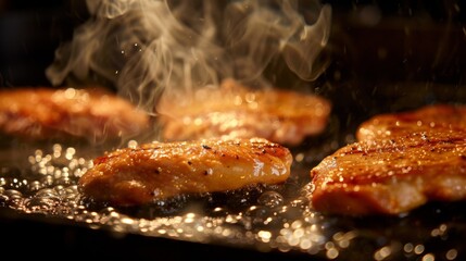 Obraz na płótnie Canvas Chicken fillet meat cooked in oil. Grilled chicken background