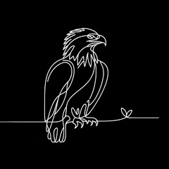 A black and white outline illustration of an eagle against a dark backdrop