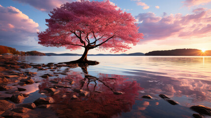 A vibrant pink flowering tree stands tall on a rocky beach, contrasting beautifully with the rugged terrain and serene waters