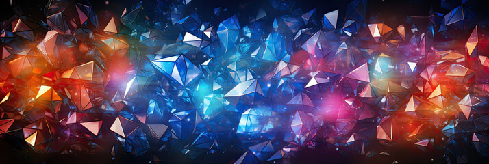  Vivid blue and red crystal facets with bright highlights, banner. Abstract Colorful Crystal Background.