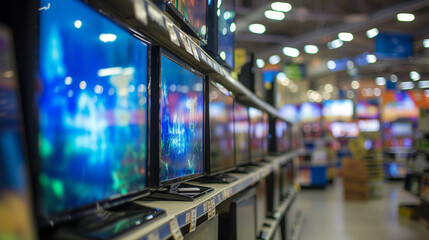 Several small LCD monitors are neatly arranged on a shelf in the electronics department of a retail store - obrazy, fototapety, plakaty