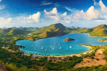 Obraz premium Sailboats gracefully navigate the crystal-clear waters surrounding a lush tropical island, creating a picturesque scene of serenity and adventure