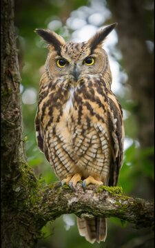 Great horned owl on a branch wildlife nature concept