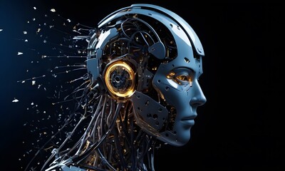 A glimpse into the future with a detailed profile of a futuristic robot, showcasing intricate wiring and mechanical design against a dark backdrop. AI Generated