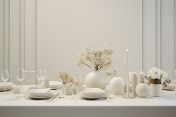 Fototapeta na wymiar Uncluttered Minimalist eucalyptus table decor candles. Natural spring art frame design. Generate Ai