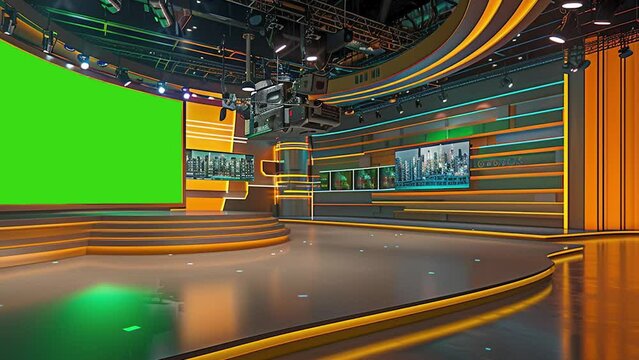 News broadcasting studio with green screen at the back