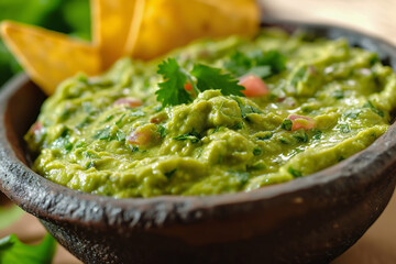 Fresh guacamole dip with tortilla chips on the side