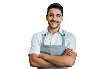 Smiling young man supermarket worker in grocery store, isolated on transparent background