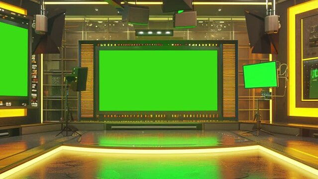 TV news broadcast studio room with green screen at the back