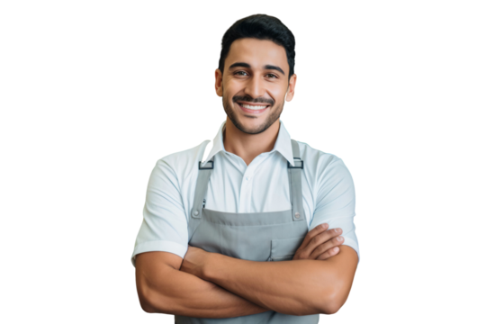 Smiling young man supermarket worker in grocery store, isolated on transparent background