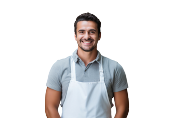 Smiling young man supermarket worker in grocery store, isolated on transparent background