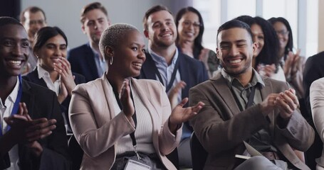 Business people, corporate conference and applause, presentation and support with audience and team building. Professional workshop, diversity and clap hands for achievement with success at seminar