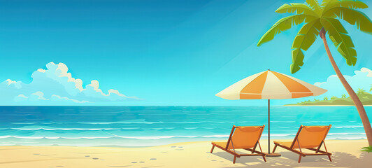 Fototapeta na wymiar Sea beach vacation banner with palm tree, sun loungers with umbrella