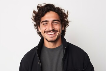 Portrait of a handsome young man with curly hair on white background