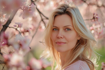 Middle aged blonde woman enjoying spring blossom. Spring portrait