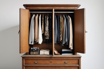 A brown wooden wardrobe with closed doors offers ample storage space in a home interior