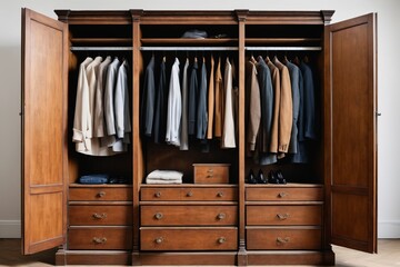 A brown wooden wardrobe with closed doors offers ample storage space in a home interior