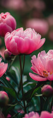 Obraz premium Peonies on soft, dreamy background copy space. Spring summer banner