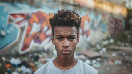 Retrato urbano Jovem em frente a uma parede grafitada em meio a um cenário urbano caótico