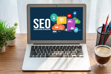 SEO search engine optimization for modish e-commerce and online retail business showing on computer...