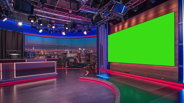 TV presenter broadcast room with green screen at the back
