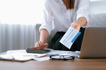 Stressed young woman has financial problems with credit card debt to pay utmost show concept of bad personal money and mortgage pay management crisis. - obrazy, fototapety, plakaty