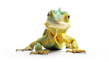 Green and yellow cute iguana lizard PNG cutout isolated on transparent background, graphic resource