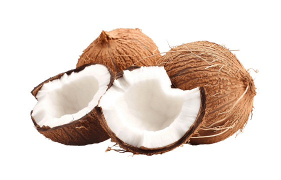 Pair of split coconuts PNG cutout isolated on transparent background, graphic resource