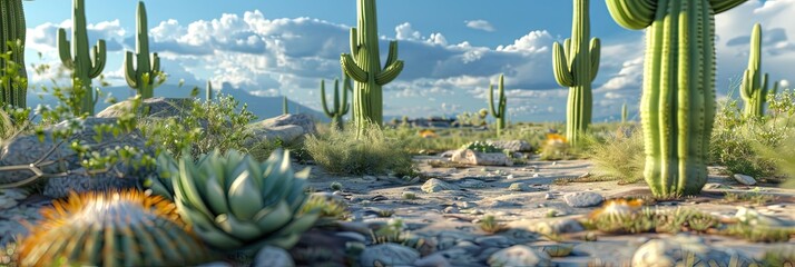 Saguaruo desert with a variety of cacti (green cactus plants) in the arid heat - obrazy, fototapety, plakaty