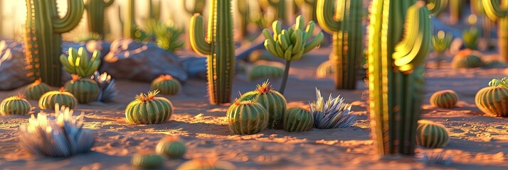 Saguaruo desert with a variety of cacti (green cactus plants) in the arid heat