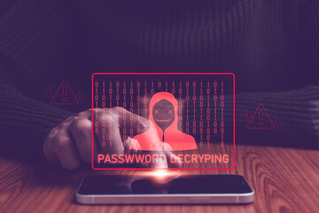 Cybersecurity concept with ominous hacker silhouette and binary code on smartphone, symbolizing...
