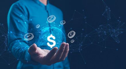 Man presenting global finance concept with holographic world and currency symbols, highlighting international business and economy. Digital network global economy concept, glowing earth and currency.