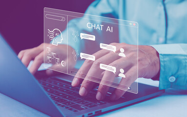 Person engaging with advanced Chat AI technology on laptop, showcasing conversational interfaces...