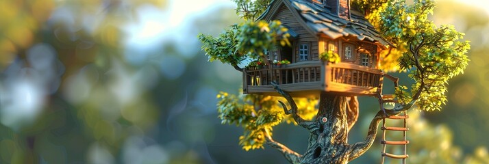 Treehouse - wooden dwelling built in a tall tree - obrazy, fototapety, plakaty