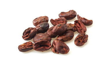 Dried cocoa beans isolated on white background