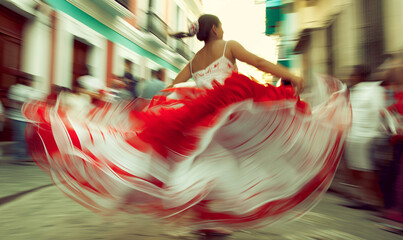 Fototapeta premium Fiestas de la calle san Sebastián, latina with white and red folklore dress dancing, puerto rico