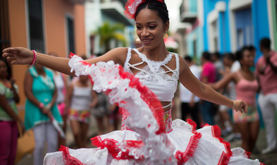 Fiestas de la calle san Sebastián, latina with white and red folklore dress dancing, puerto rico - obrazy, fototapety, plakaty