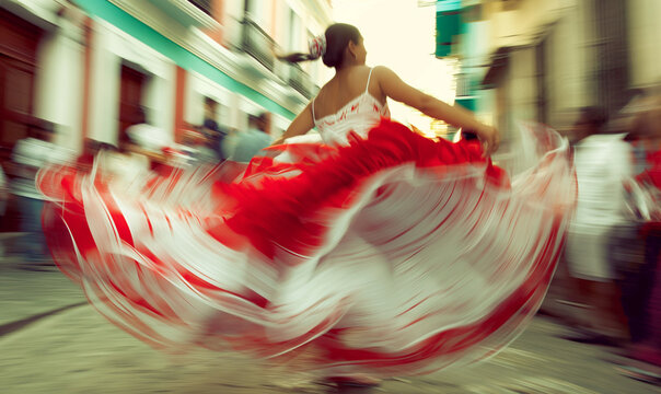 Fiestas de la calle san Sebasti&aacute;n, latina with white and red folklore dress dancing, puerto rico