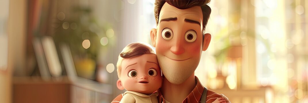 Father's day in modern animation with dad and his child - happy family from good parenting