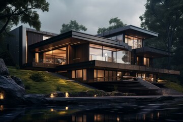Obraz premium Airy Modern sunny house. With green grass. Generate Ai