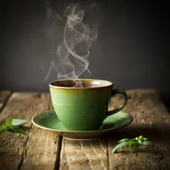 Tuinposter Cup of coffee tea hot with smoke, drink food creative concept © gassh