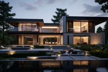 Sunny Modern sunny house. With green grass. Generate Ai